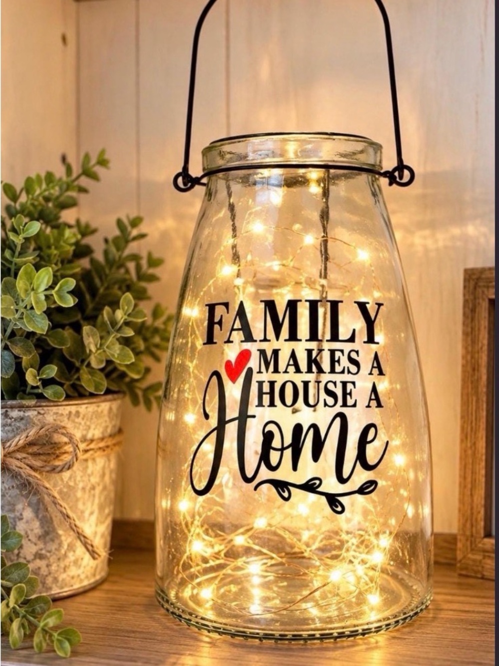 Glass Lantern String Lights – Warm White LED with Black Script and Red Heart